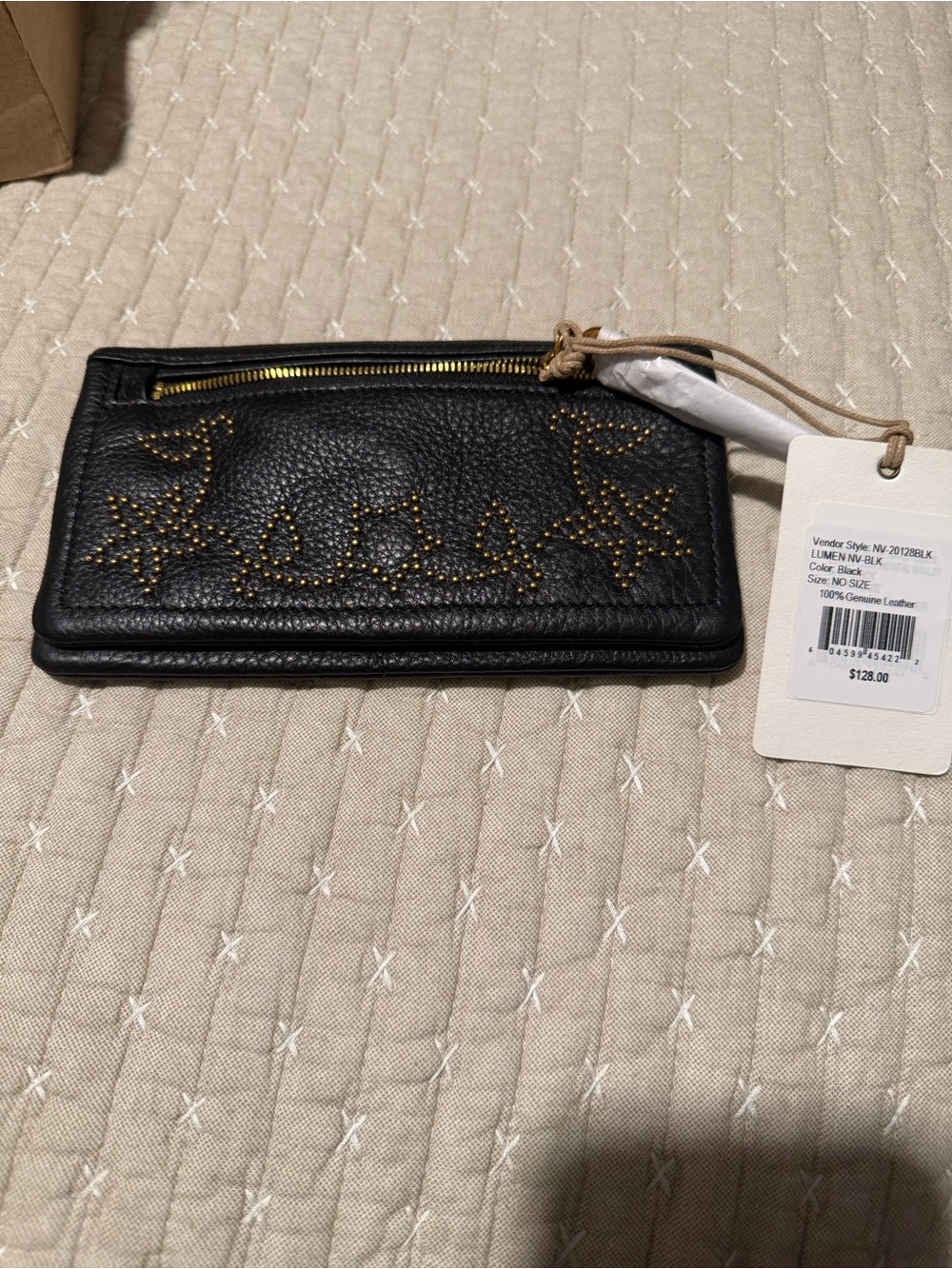 HOBO Black Leather Studded Zip Wallet with Gold Accents